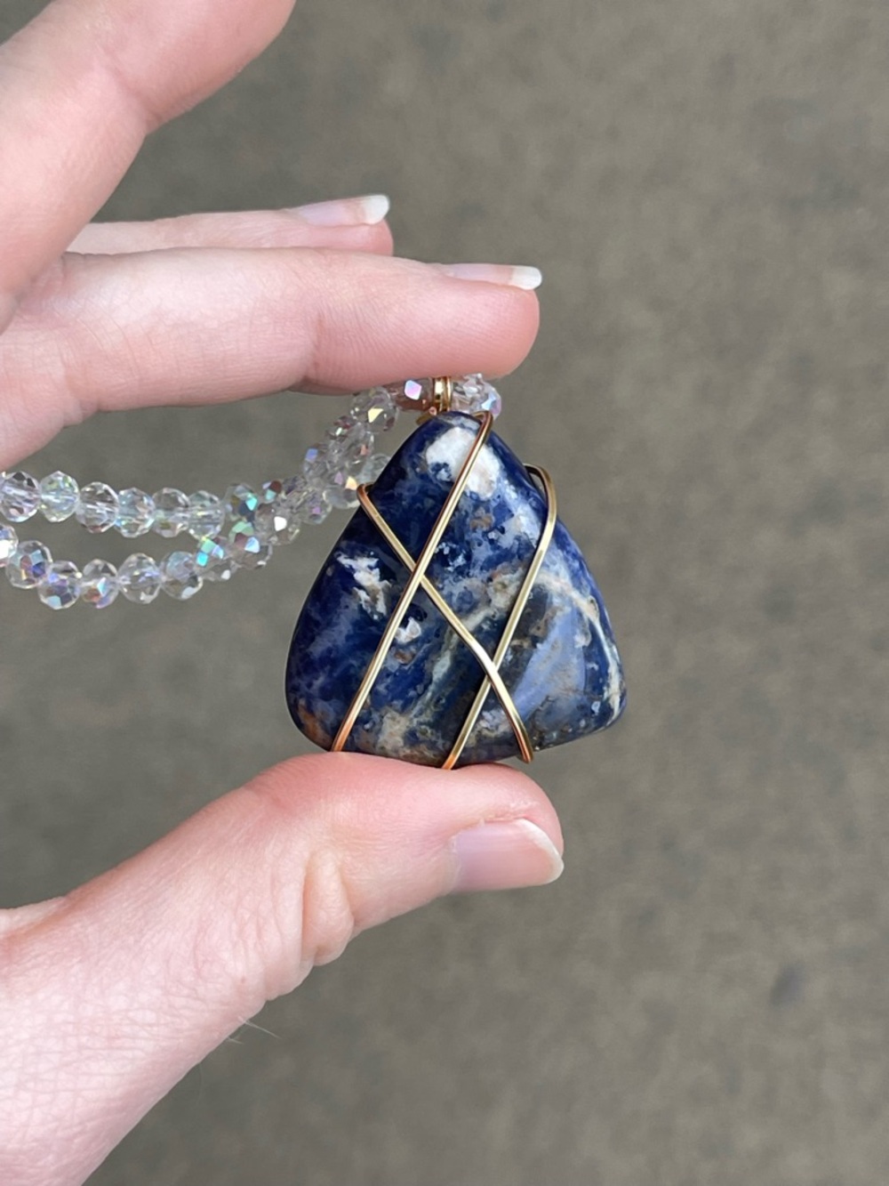Blue Sodalite gold tone wire wrapped necklace with White AB Glass Beads